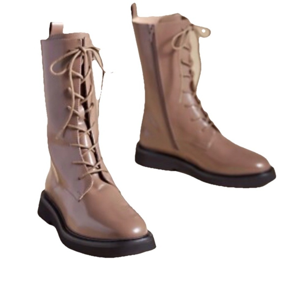 Anthropologie Pilcro Boots Stompy Genuine Patent Leather Lace Up Taupe 39 Combat - Picture 1 of 12